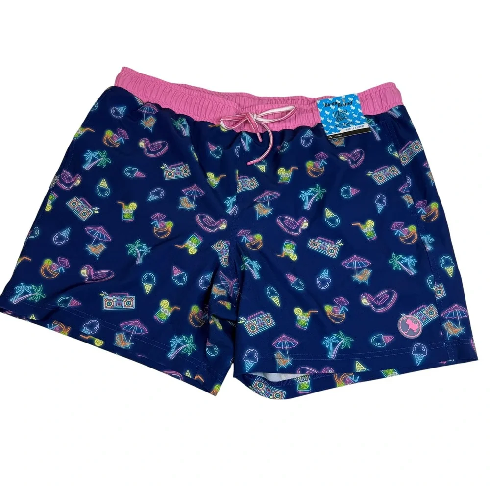 Birdie Bound Mens XL Neon Print Swim Trunks Navy Pink 6 Inch Inseam UPF 30+ NWT